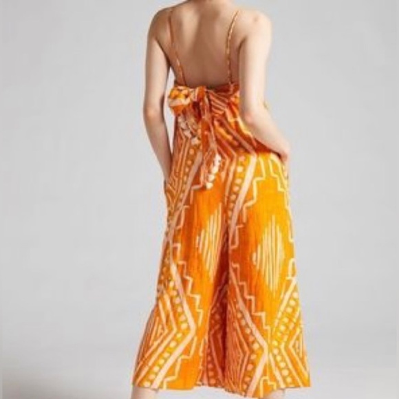 Sale! Anthropologie Wide Leg Orange Print Jumpsuit with Tie-Back - Picture 3 of 8